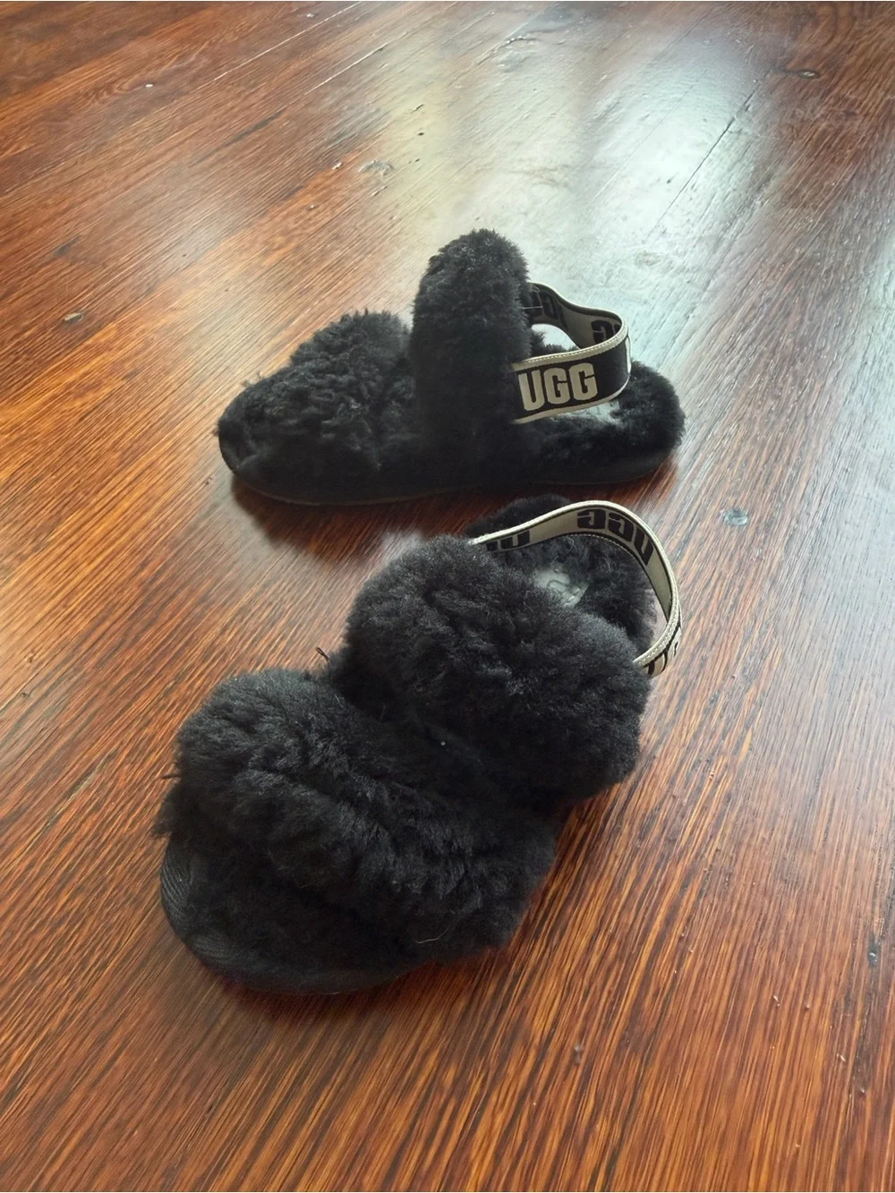 UGG‎ Black Shearling Double-Strap Slide Sandals with Branded Heel